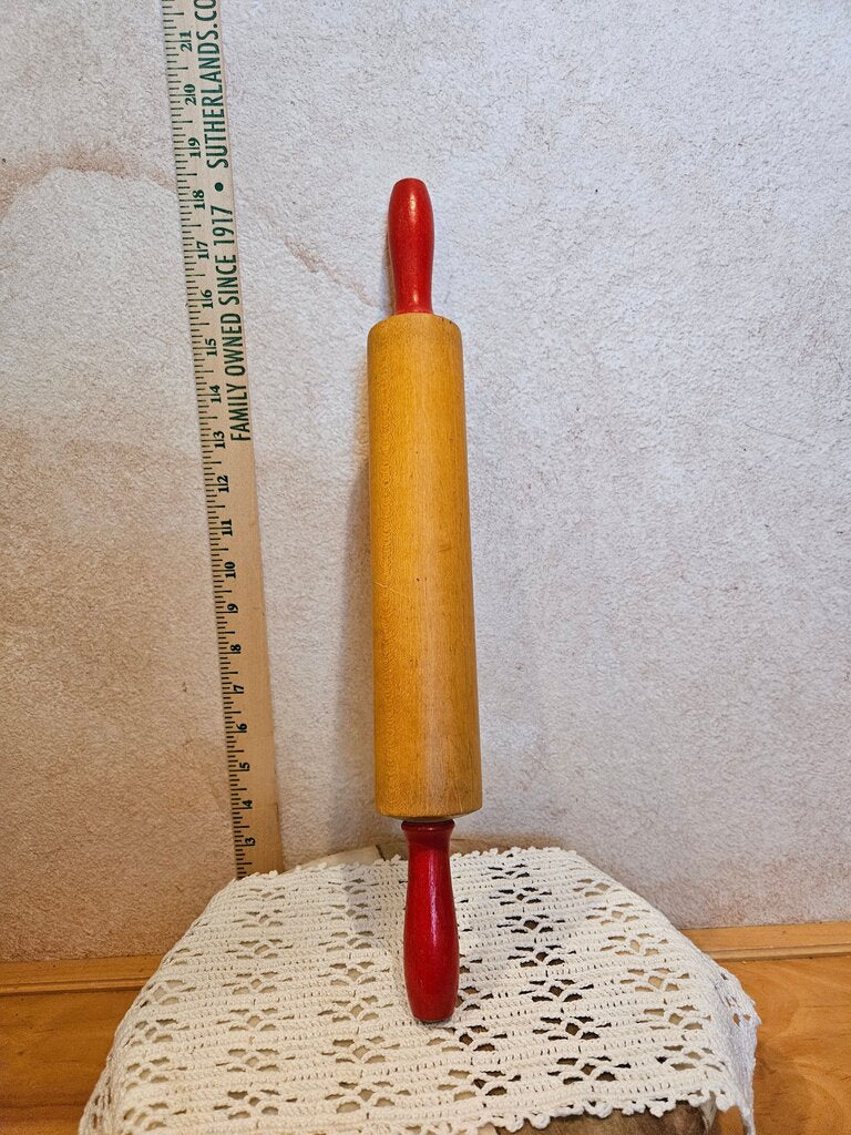 Vintage Wooden Rolling Pin Red Handles Primitive Farmhouse