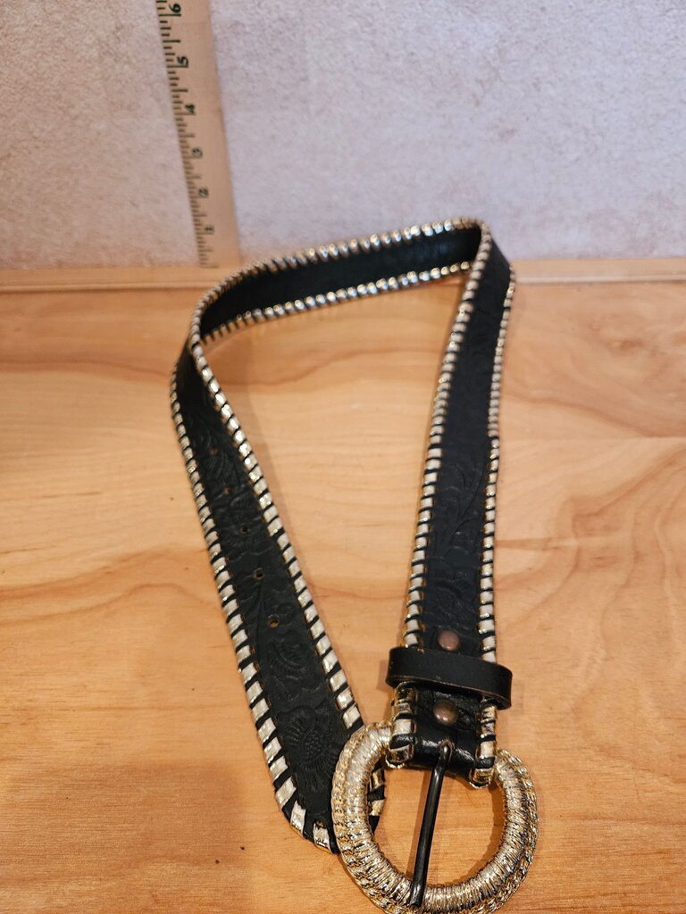 Vintage Black Leather Belt with Silver Detailing