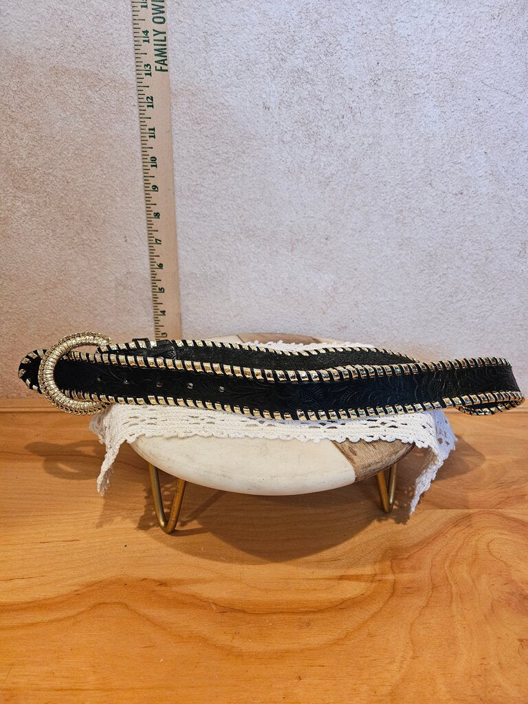 Vintage Black Leather Belt with Silver Detailing