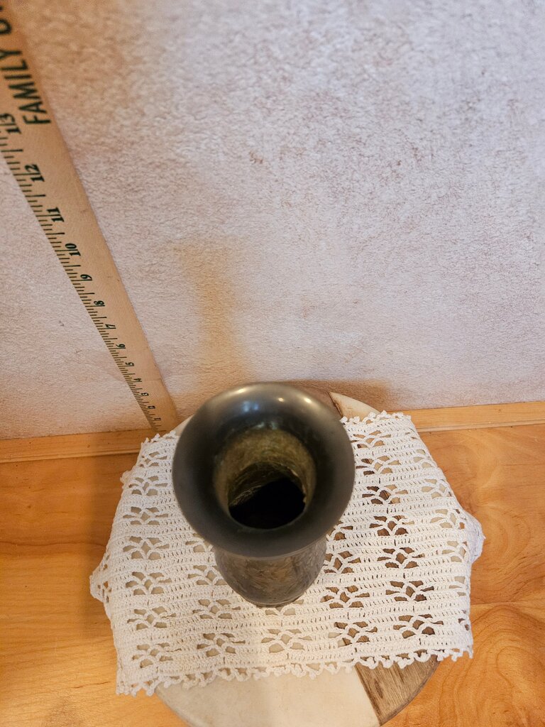 Vintage black etched Indian brass vase w detailed floral filigree