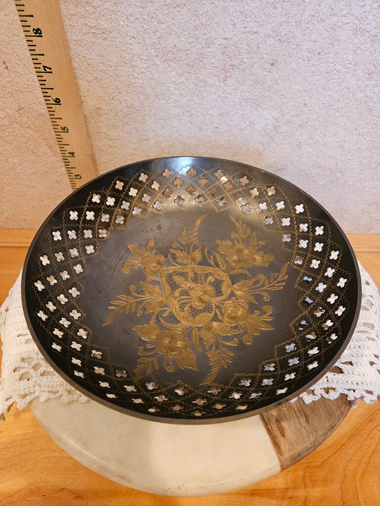 Vintage Metal Lattice Bowl With Gold Etching Accents India