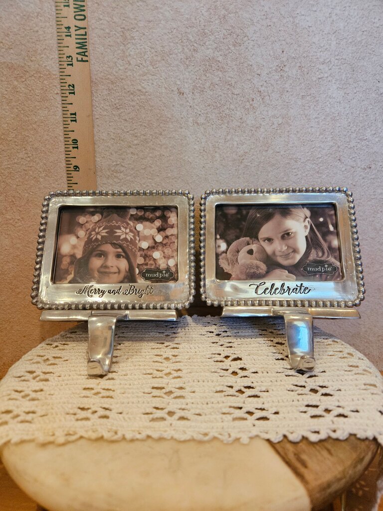 Set of Photo Frame Stocking Holder, Antique Silver Picture Frame, Christmas Stocking Hanger, Holiday Mantel Decor