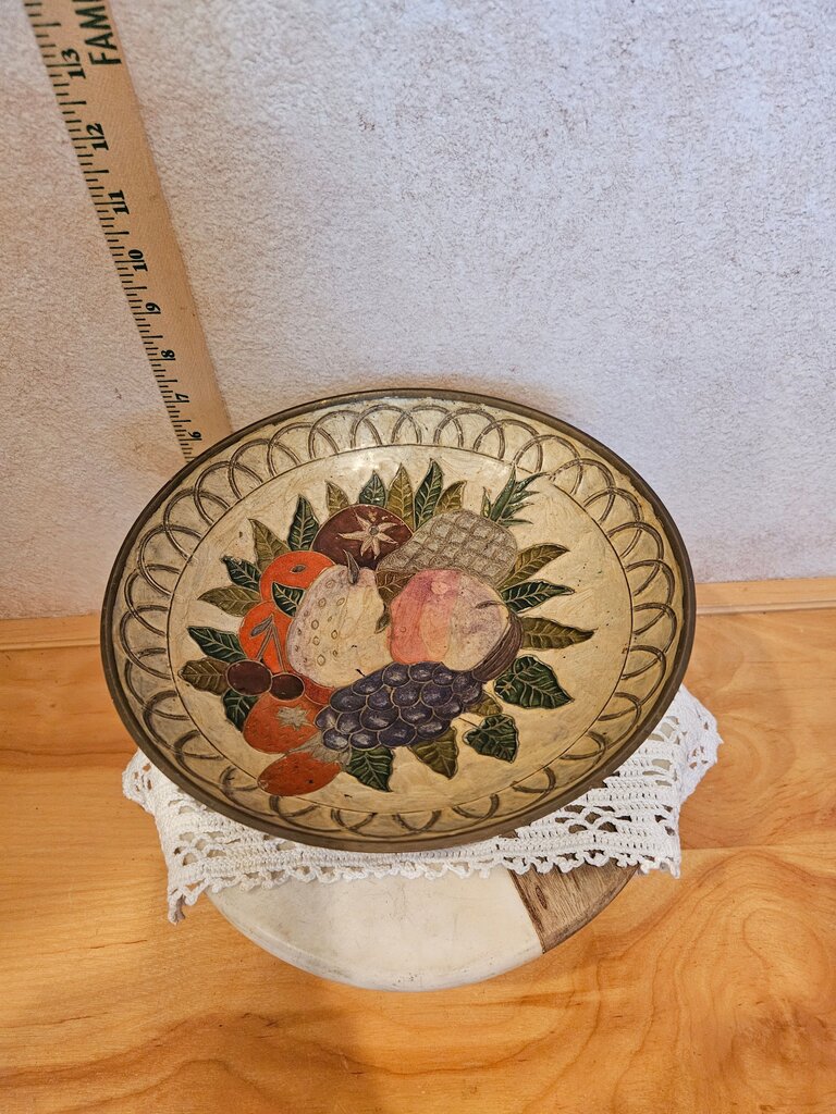 Vintage Enamel Painted Brass Pedestal Fruit Bowl Compote India Pineapple Grapes