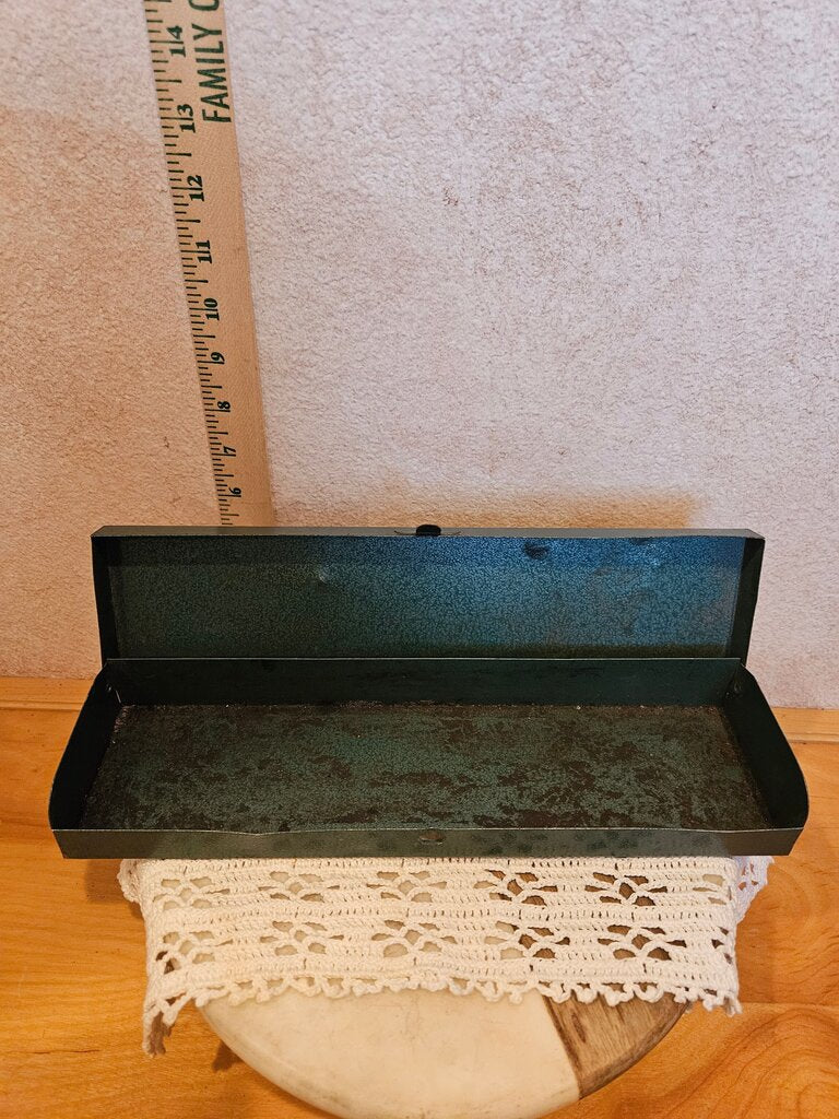 Vintage Slim Green Metal tool holder, Pencil Case, book stylizer, riser, metal storage box