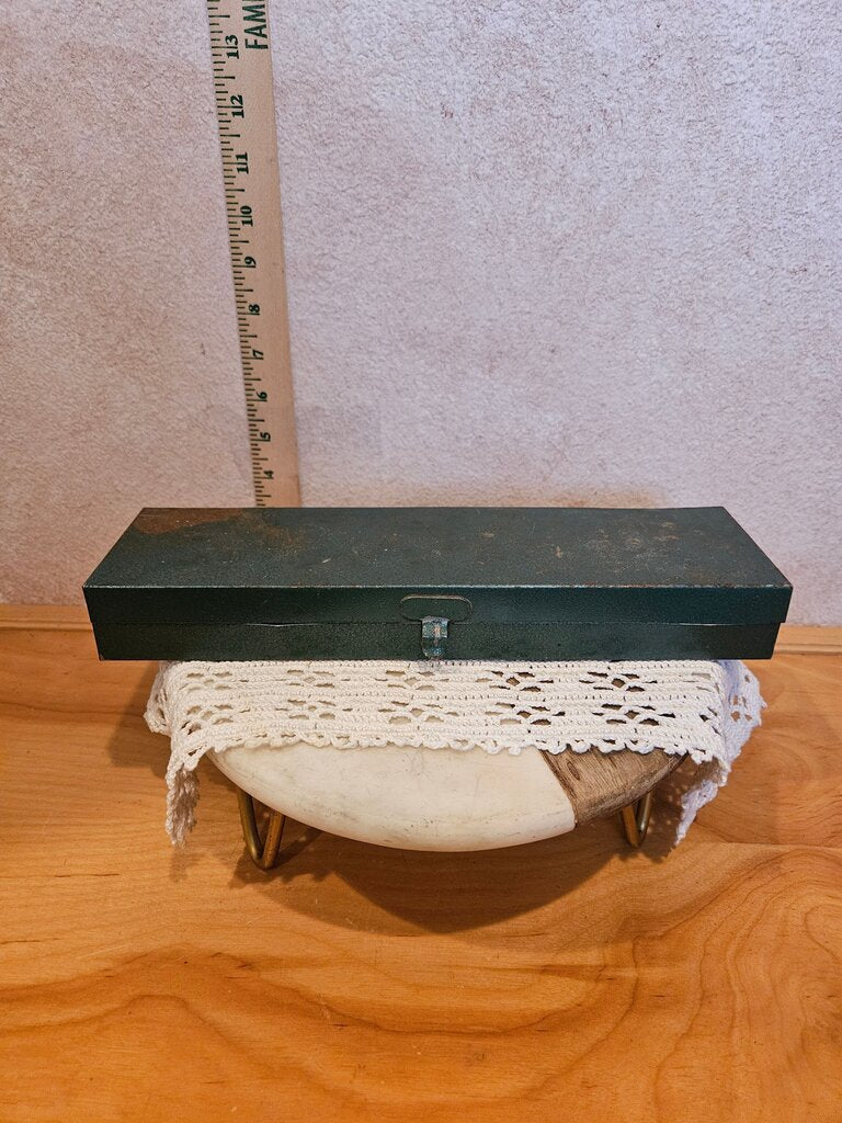 Vintage Slim Green Metal tool holder, Pencil Case, book stylizer, riser, metal storage box
