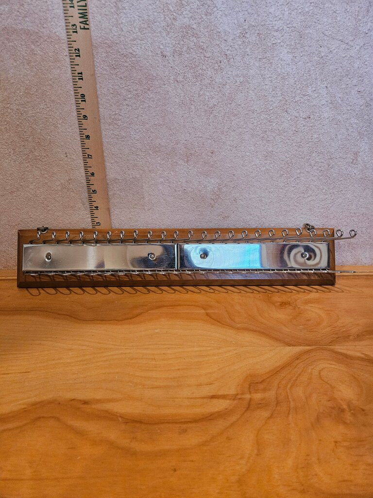 Vintage Mid Century Tie Rack, belt holder, Metal Wire mounted on wood Display Rack