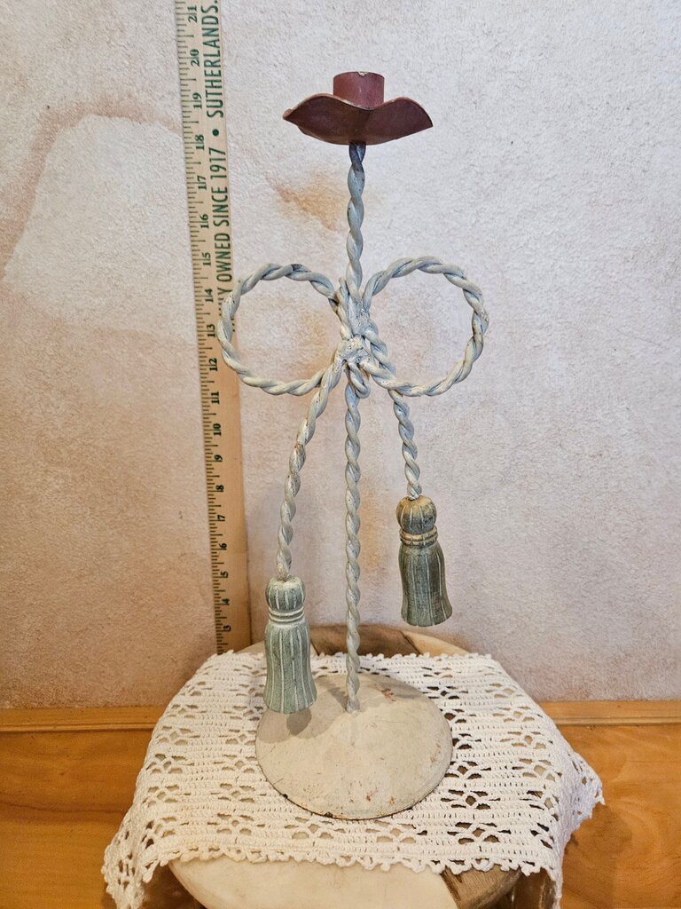 Vintage Bow & Tassle Twisted Chippy Paint Farmhouse Charm Candleholders hard to find
