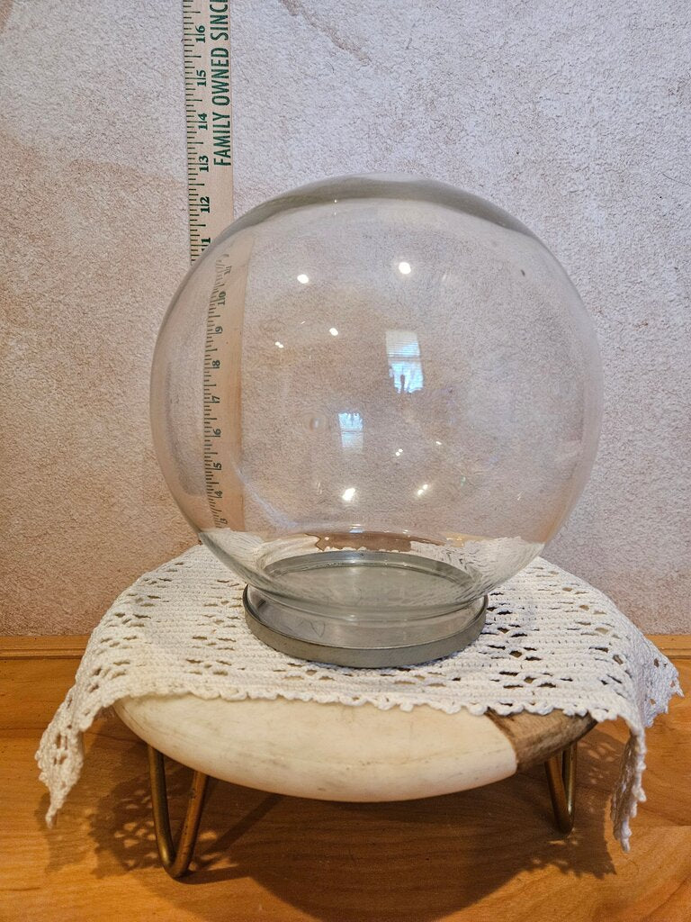 Vintage Art Sphere in transparent glass snow globe, crystal ball, flower spades, cabinet of curiosities witchery w metal cap