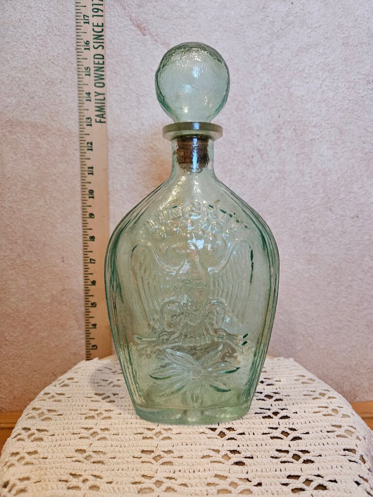 Vintage Liberty Eagle Glass Decanter, Mid Century 1961 Green Liberty Americana Glass Decanter with Original Stopper