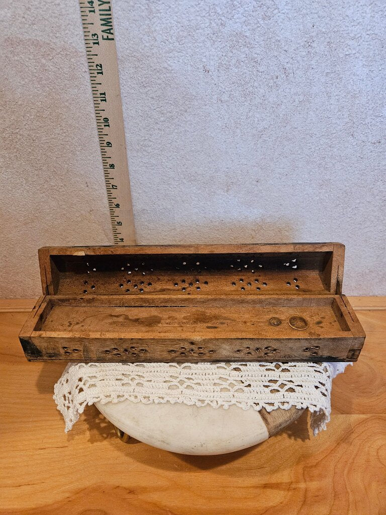 Large 12" Carved Rectan Wooden Coffin Incense Burner Holder Inlay/Storage as is