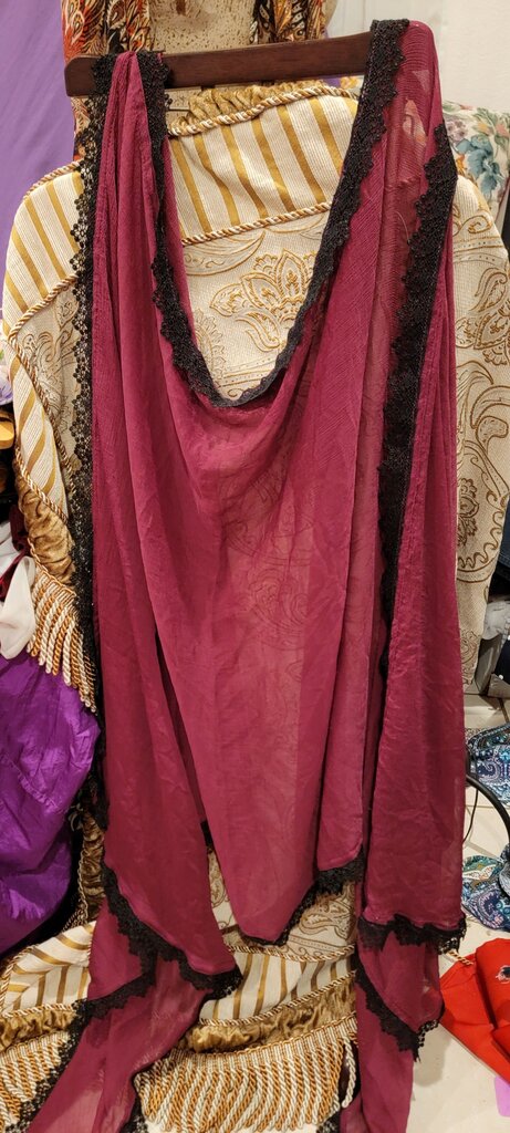 Sheer Burgundy Scarf with Black Lace Trim