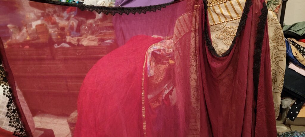 Sheer Burgundy Scarf with Black Lace Trim