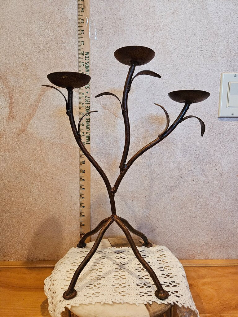 Vintage Black Wrought Iron Three Footed Branch & Leaves Candle Holder Candelabra