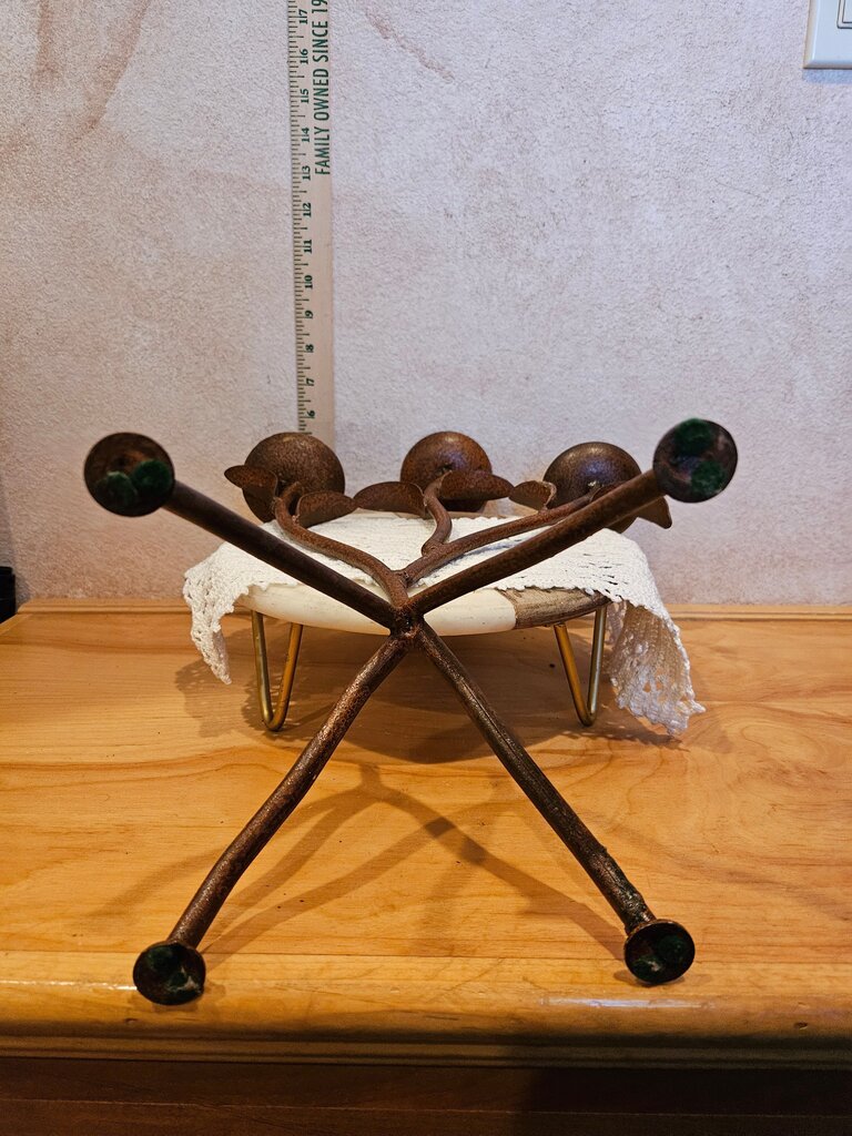 Vintage Black Wrought Iron Three Footed Branch & Leaves Candle Holder Candelabra