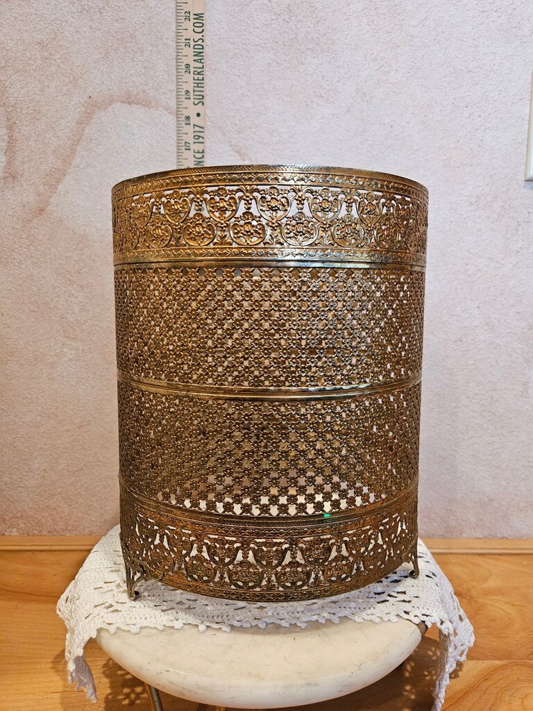 Vintage Hollywood Regency Waste Basket Trash Can Bin Ormolu Metal Filigree Victorian Revival French Filigree Footed Cover Frame Vanity Gold