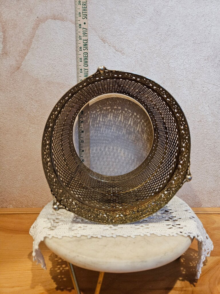 Vintage Hollywood Regency Waste Basket Trash Can Bin Ormolu Metal Filigree Victorian Revival French Filigree Footed Cover Frame Vanity Gold
