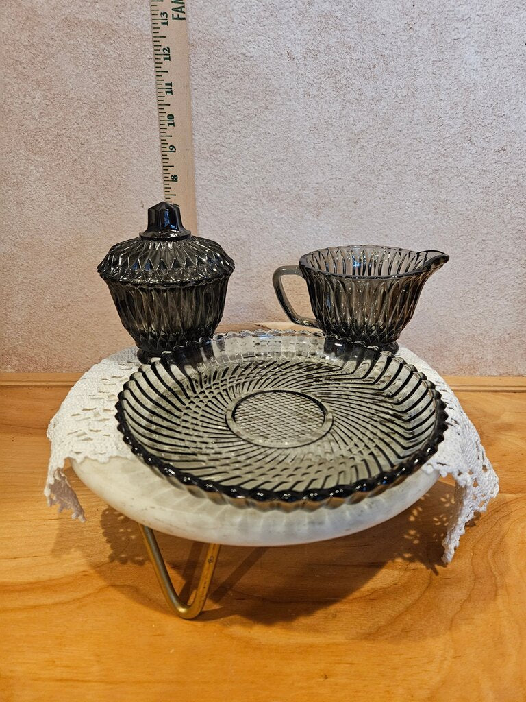 Libbey (Vintage) Smoke Gray 4 Piece Plate/Tray, Bowl, Creamer, Lid display serving