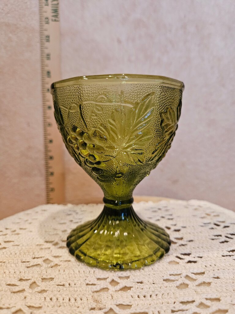 Vintage Extra large Glass Goblet Candy Nut Dish Pedestal Avocado Green Glass w Grapes & Leaves Pattern