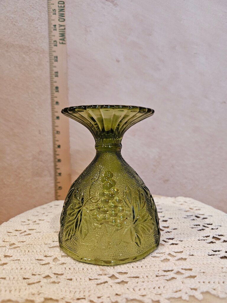 Vintage Extra large Glass Goblet Candy Nut Dish Pedestal Avocado Green Glass w Grapes & Leaves Pattern