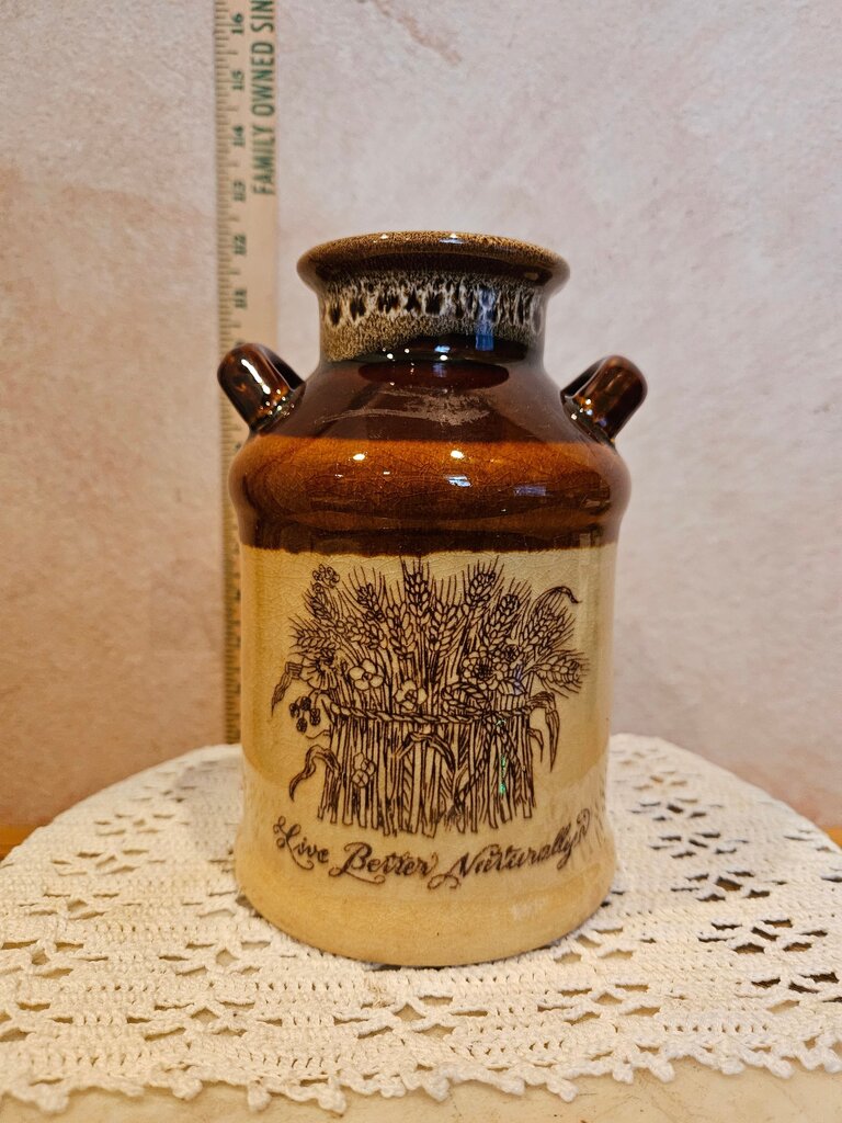 Enesco Stoneware Brown Drip Pottery Milk Crock Jug 'Live Better Naturally'