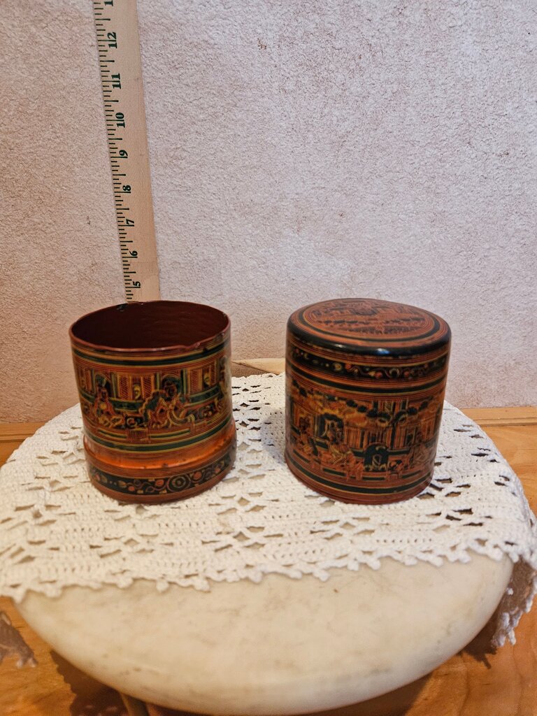 Burmese Asian Lacquer Hand Painted Betel Box Decorative Condiment Canister Set