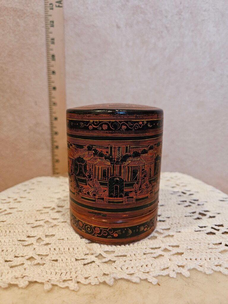 Burmese Asian Lacquer Hand Painted Betel Box Decorative Condiment Canister Set