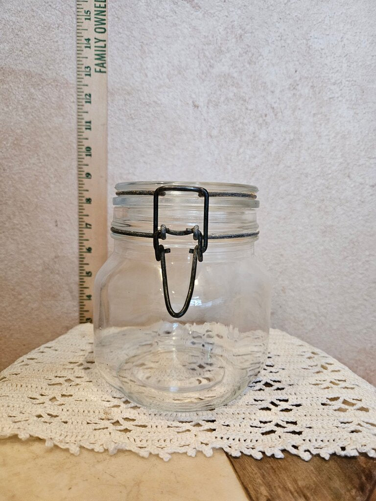 Vintage Canning Italian FV Per Alimenti Glass Canister Jar Bail Wire Locking Lid Glass Storage Jar w Metal Clasp