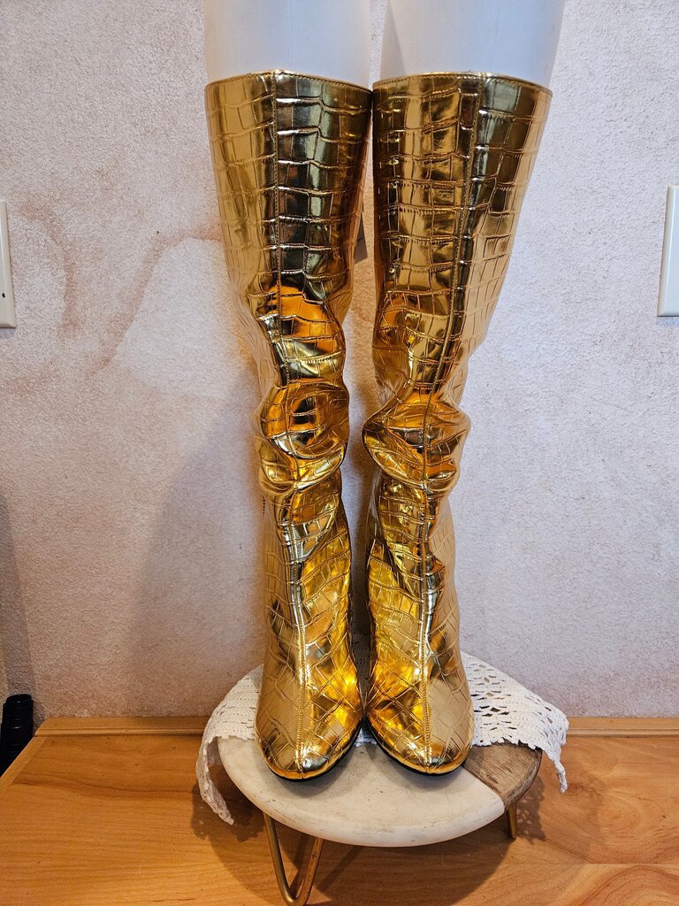 Gold Crocodile-Pattern Knee-High Boots