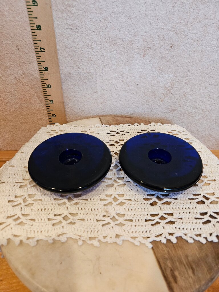 Saucer shape glass candlestick 1970 Cobalt Blue Glass Candle Holders