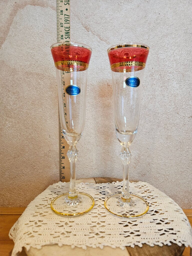 Vintage Franco Italy Crystal Wine Flutes Cranberry & Gold Champagne Flutes Set