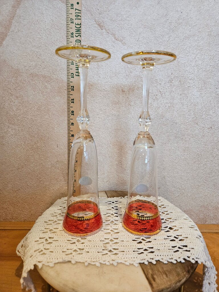 Vintage Franco Italy Crystal Wine Flutes Cranberry & Gold Champagne Flutes Set