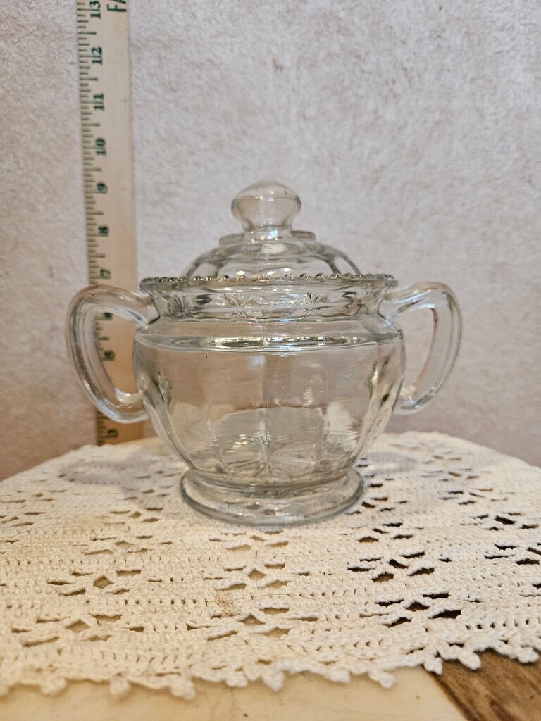 Vintage Glass pedestal Condiment or Bowl Sugar Bowl w scrolled Lid
