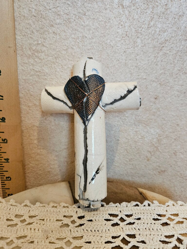 Studio Pottery Art Christian Cross Ceramic Glazed Wall Hang with brass heart