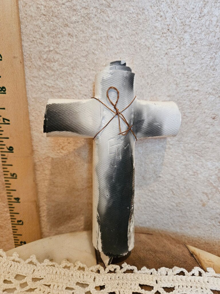 Studio Pottery Art Christian Cross Ceramic Glazed Wall Hang with brass heart