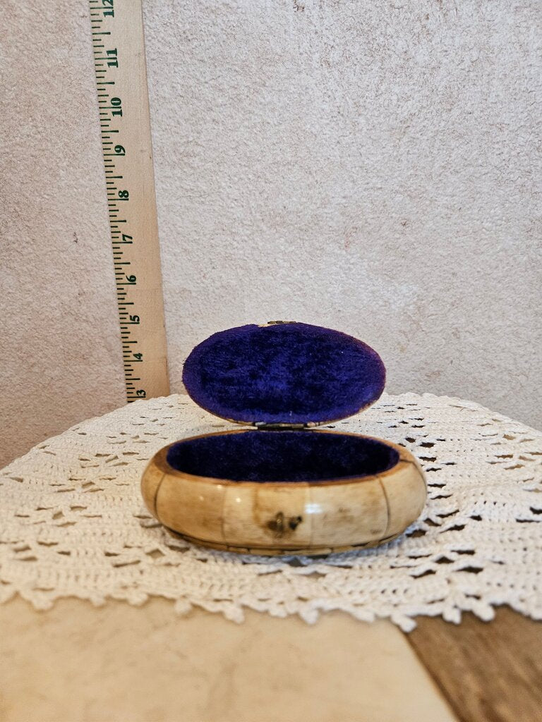 Rare 1970s Camel Bone Trinket Jewelry Box w Brass Velvet Inlay Handmade