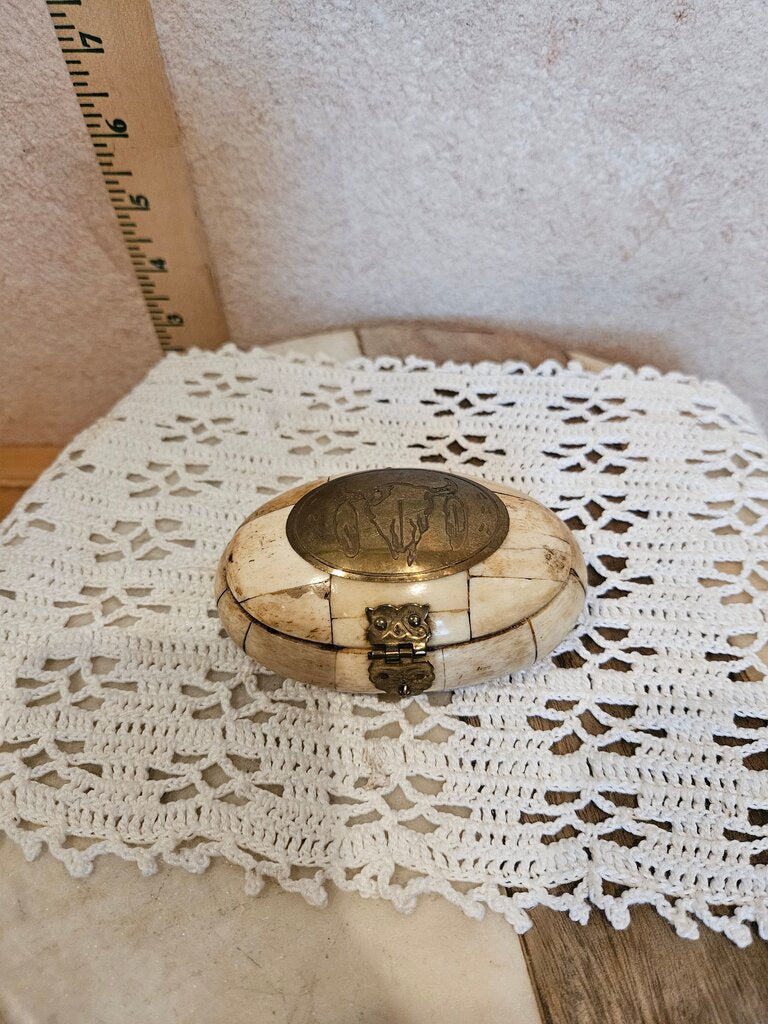 Rare 1970s Camel Bone Trinket Jewelry Box w Brass Velvet Inlay Handmade