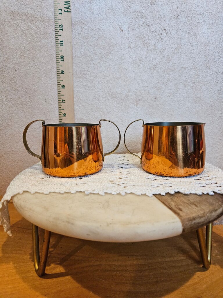 Vintage MCM Copper w Brass Handles Coffee Tea Sugar Dish and cup Set Mid Century