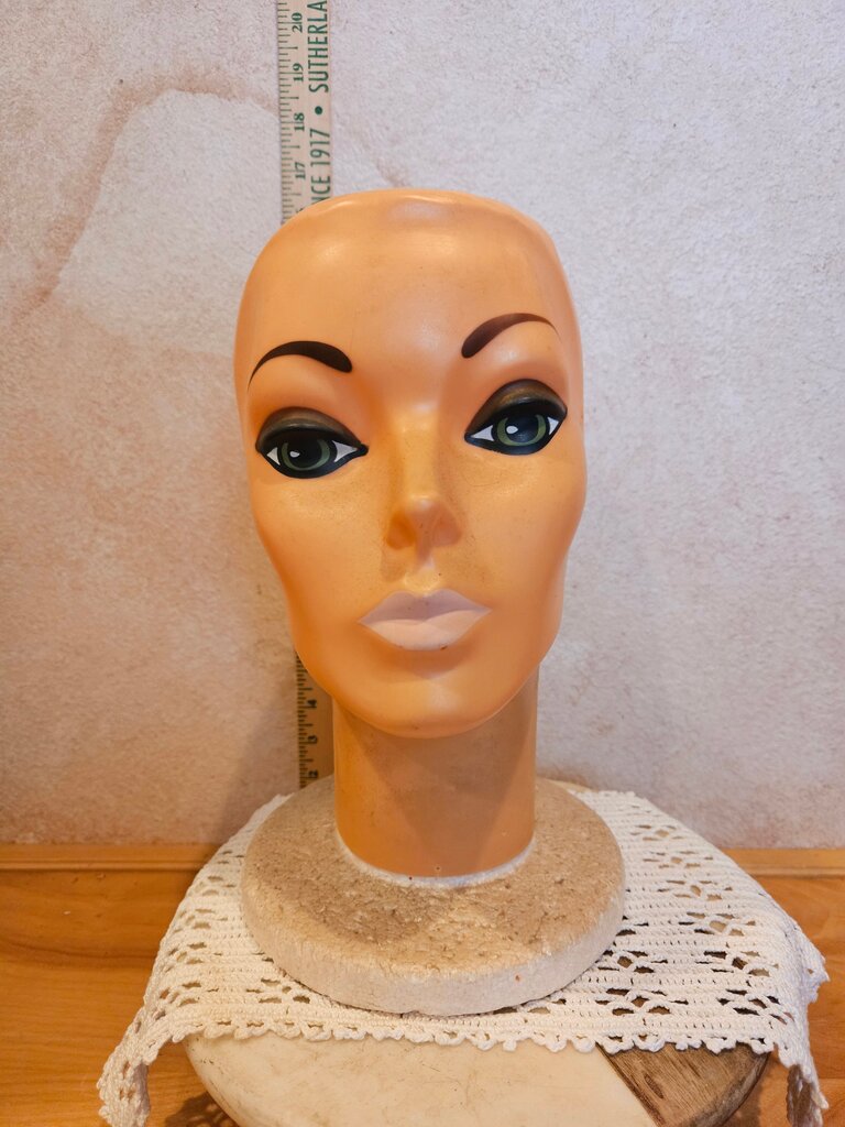 Vintage Mannequin Face w Styrofoam Head Female Display 1960s / Vintage Hat Stand Display / Wig Stand / Prop / Bald Display Stand7