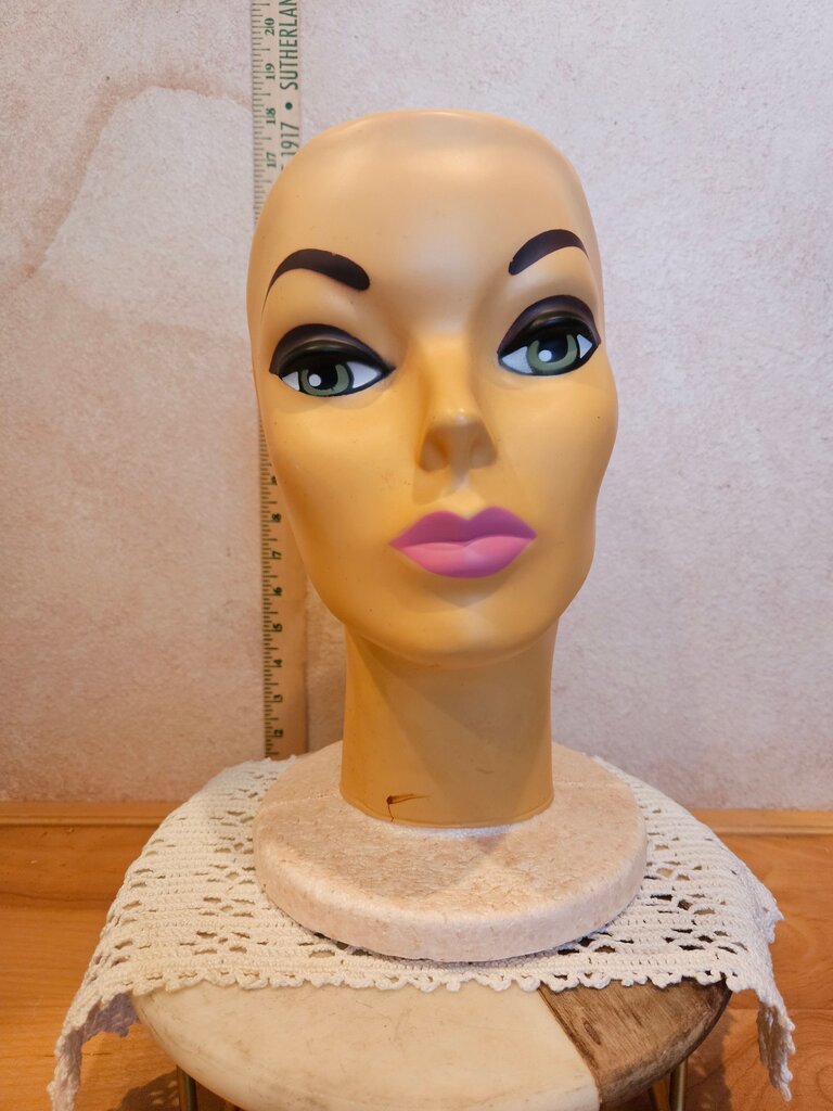 Vintage Mannequin Face w Styrofoam Head Female Display 1960s / Vintage Hat Stand Display / Wig Stand / Prop / Bald Display Stand6