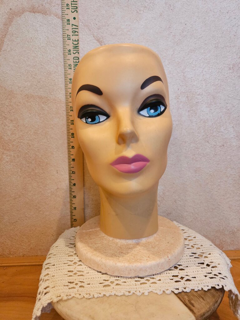Vintage Mannequin Face w Styrofoam Head Female Display 1960s / Vintage Hat Stand Display / Wig Stand / Prop / Bald Display Stand1