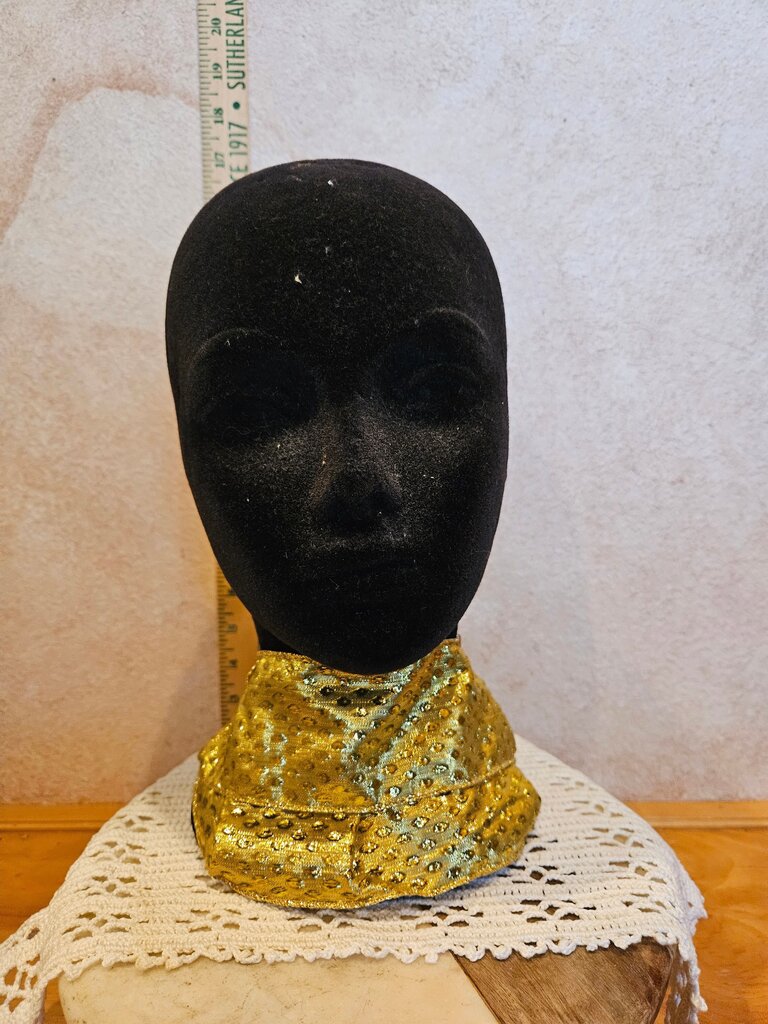 Black Styrofoam Mannequin Head with Gold Scarf