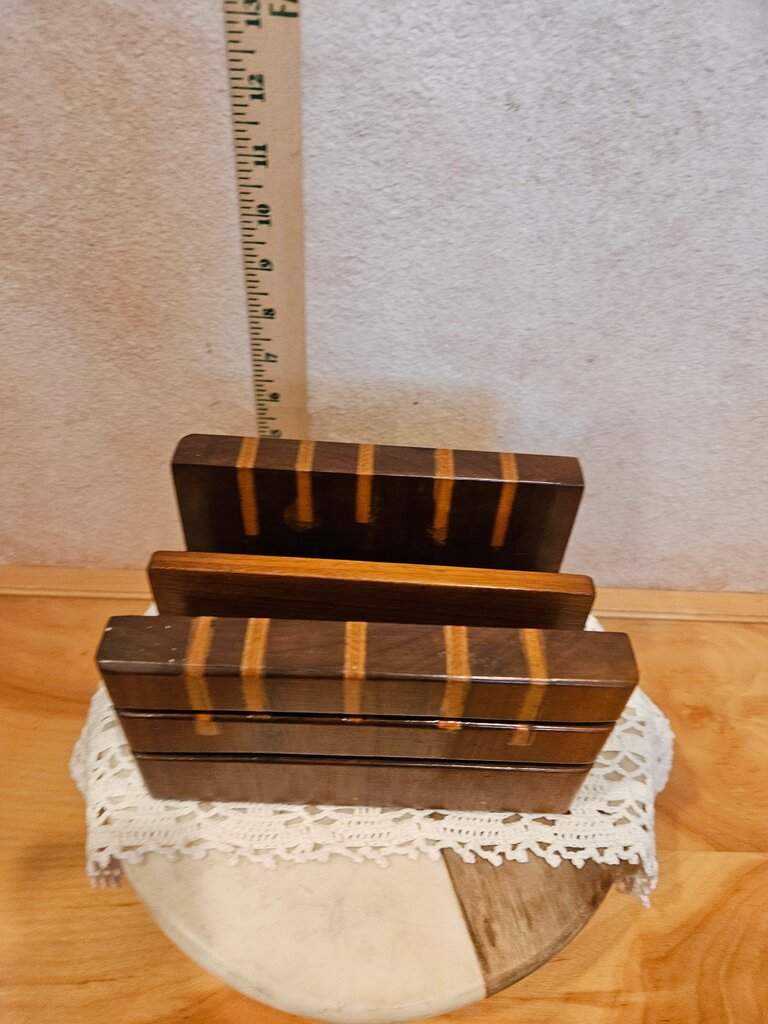 Wooden Dark wood inlaid w blonde Striped elements Mid Century Wooden Letter Napkin Holder