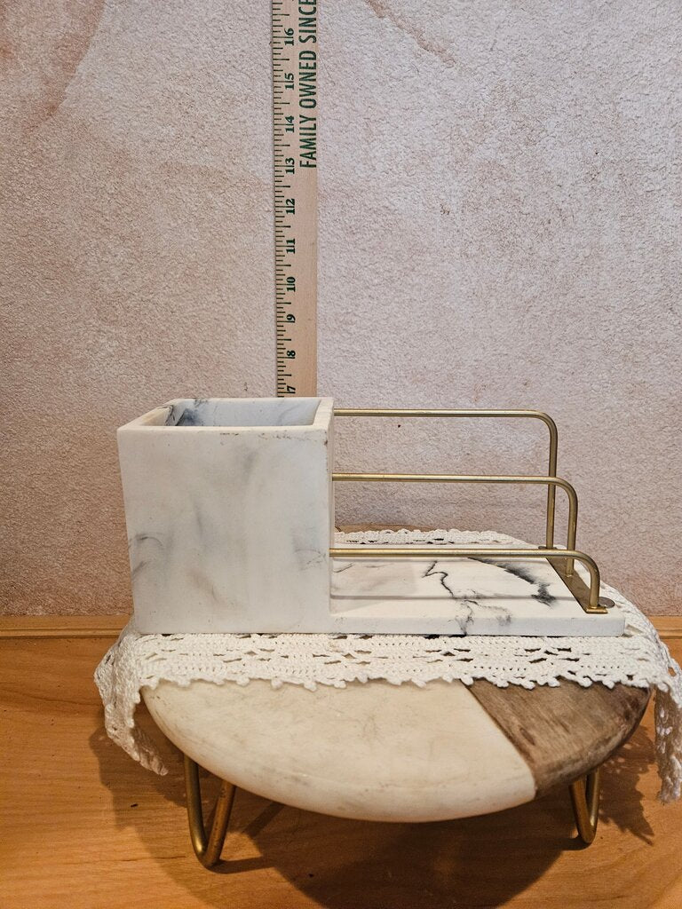 Sleek MCM Inspired Marble & Brass Gold Desk letter/mail & Pencil Organizer - note ink stains inside pencil holder