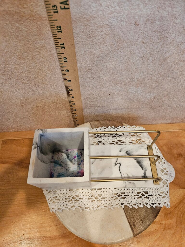 Sleek MCM Inspired Marble & Brass Gold Desk letter/mail & Pencil Organizer - note ink stains inside pencil holder