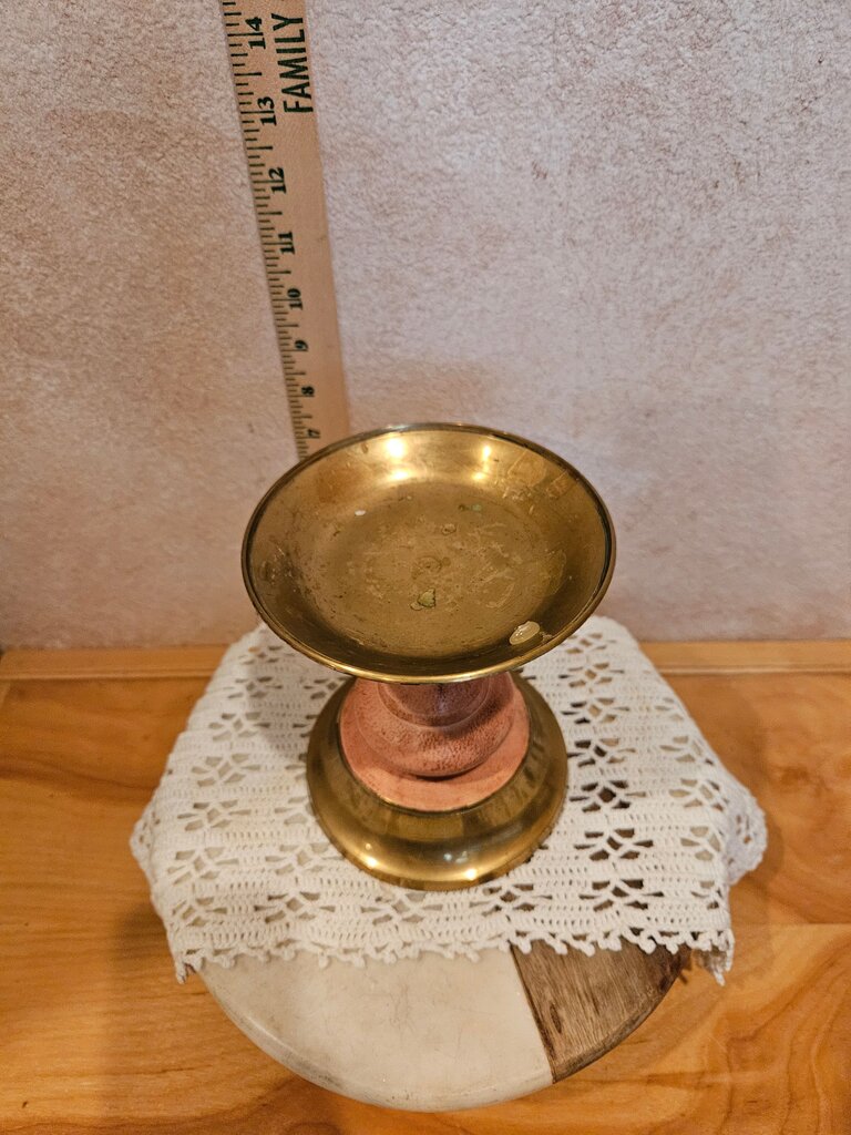 Vintage Tall Brass & Bubble Gun Pink Pedestal Candle Holder
