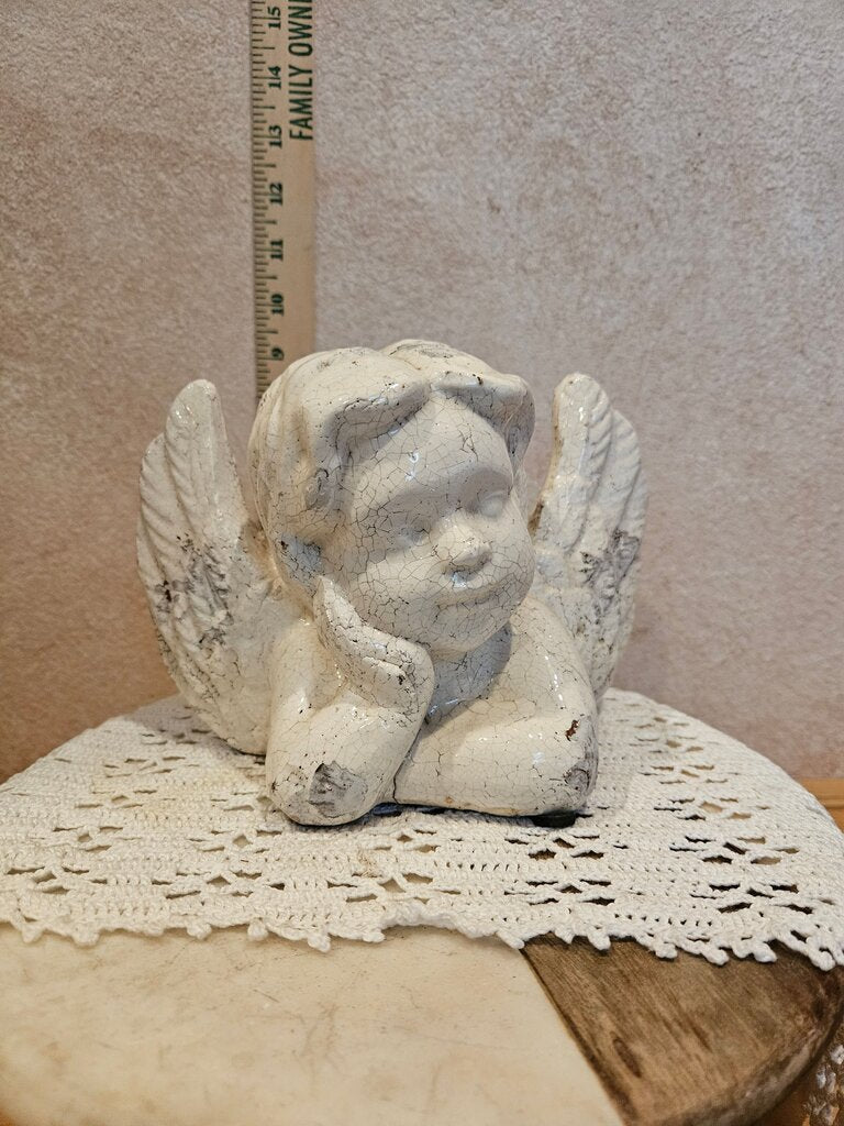 Resting Angel Plaster Resin Off White Vintage Finish Garden Cherubic Angel Figurine