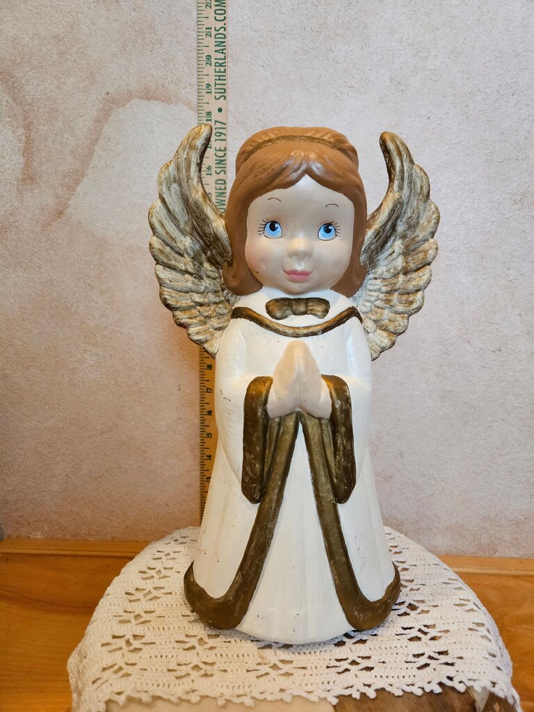 Vintage Angel Figurine with Golden Accents Ceramic Hand Painted Figurine Christmas tall 70s