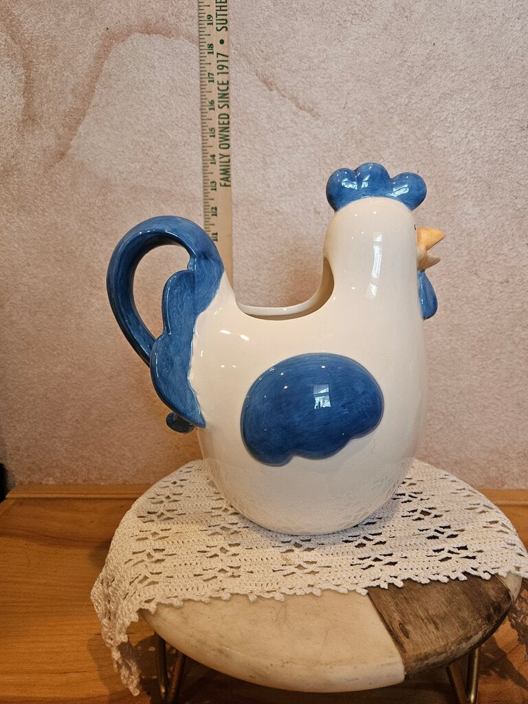 Ceramic Country Blue & White Chicken Beverage Pitcher