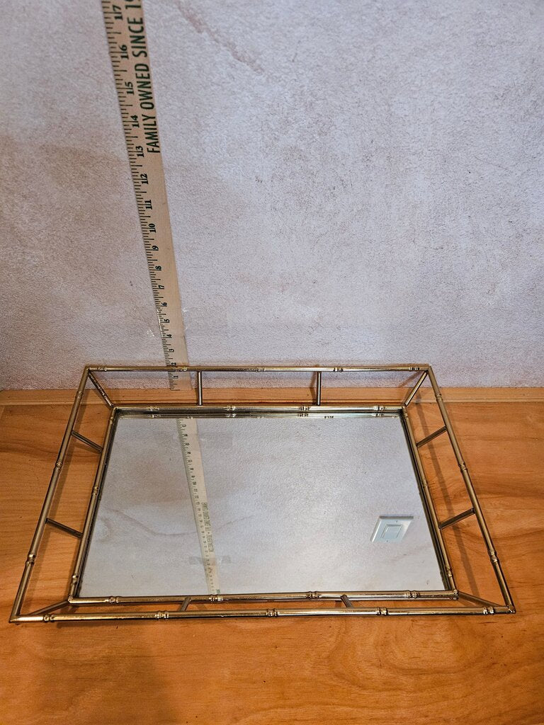 Vintage MCM Sleak Charming vanity modern rectangular tray w gold metal bamboo-style frame & mirrored glass Barware Organizer