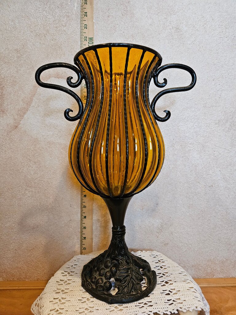 Hand Blown Glass Amber Armed Wrought Iron Caged Centerpiece Large 15 inch Art Glass